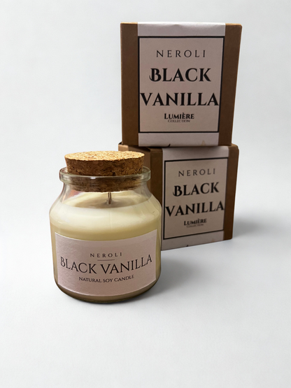 נר בצנצנת זכוכית פקק שעם | Black vanilla